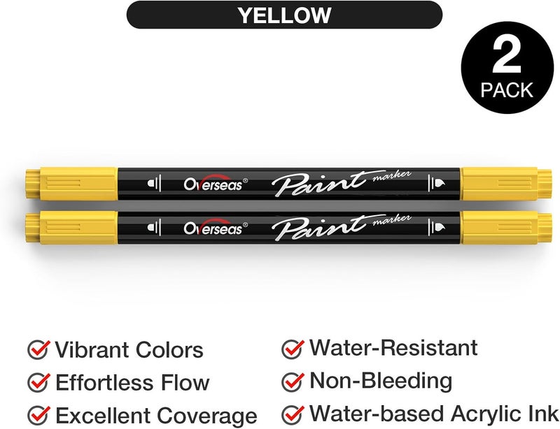 Overseas Yellow Acrylic Paint Markers, 2 Pack Dual Tip Paint Pens Acrylic Markers with Dot and Brush Tip, Coloring Marker for Wood, Rock, Canvas, Glass, Metal, Plastic, Fabric, School Supplies - Image 2